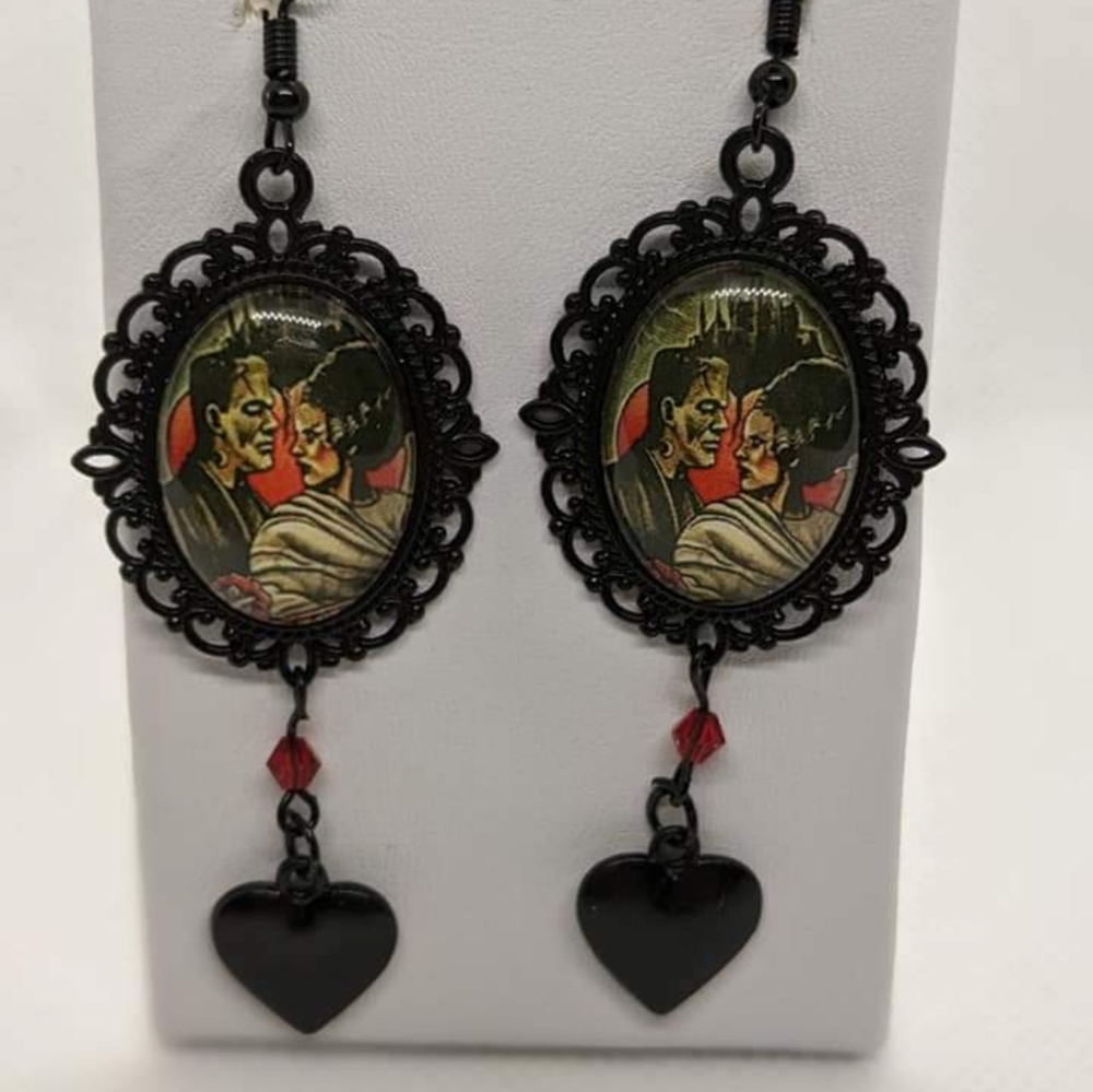 Frankenstein and bride glass cameo earrings
